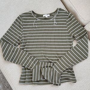 Olive Green Striped Long Sleeve Top, Large